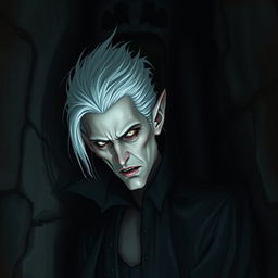 A well-characterized vampire lord with striking white hair and pointed ears, depicted in a dark and foreboding atmosphere