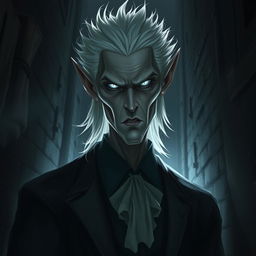 A well-characterized vampire lord with striking white hair and pointed ears, depicted in a dark and foreboding atmosphere