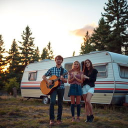 A picturesque outdoor setting featuring a vintage caravan parked in a serene campsite surrounded by tall trees