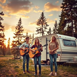 A picturesque outdoor setting featuring a vintage caravan parked in a serene campsite surrounded by tall trees