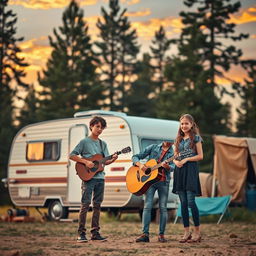 A picturesque outdoor setting featuring a vintage caravan parked in a serene campsite surrounded by tall trees