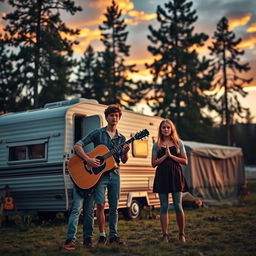 A picturesque outdoor setting featuring a vintage caravan parked in a serene campsite surrounded by tall trees