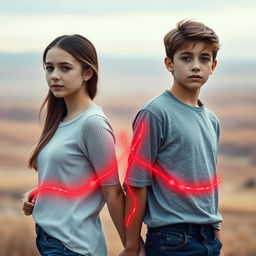 A touching and symbolic scene of a teenage girl and boy standing back to back, their expressions reflecting a mix of contemplation and connection