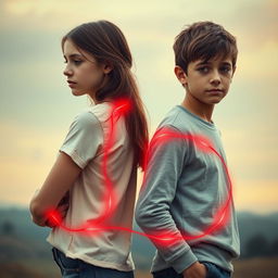 A touching and symbolic scene of a teenage girl and boy standing back to back, their expressions reflecting a mix of contemplation and connection