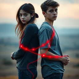 A touching and symbolic scene of a teenage girl and boy standing back to back, their expressions reflecting a mix of contemplation and connection