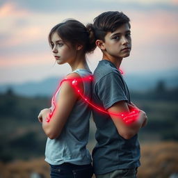A touching and symbolic scene of a teenage girl and boy standing back to back, their expressions reflecting a mix of contemplation and connection