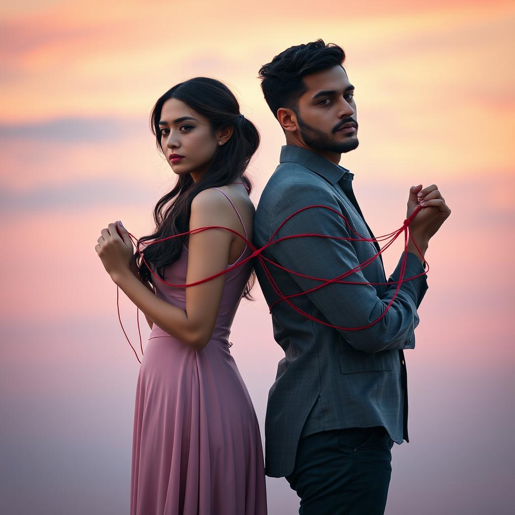 An evocative and symbolic image of a woman and a man standing back to back, their postures graceful yet strong