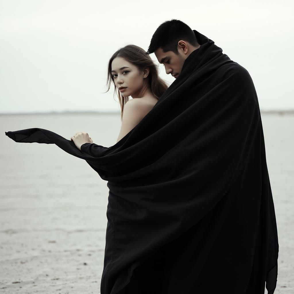 A dramatic and intriguing image of a woman and a man standing back to back, their expressions calm yet intense