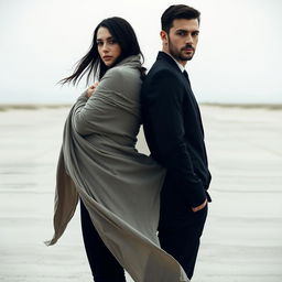 A dramatic and intriguing image of a woman and a man standing back to back, their expressions calm yet intense