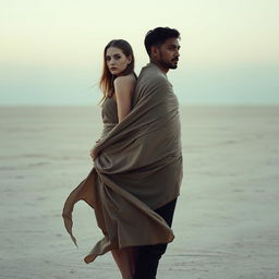 A dramatic and intriguing image of a woman and a man standing back to back, their expressions calm yet intense