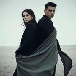 A dramatic and intriguing image of a woman and a man standing back to back, their expressions calm yet intense