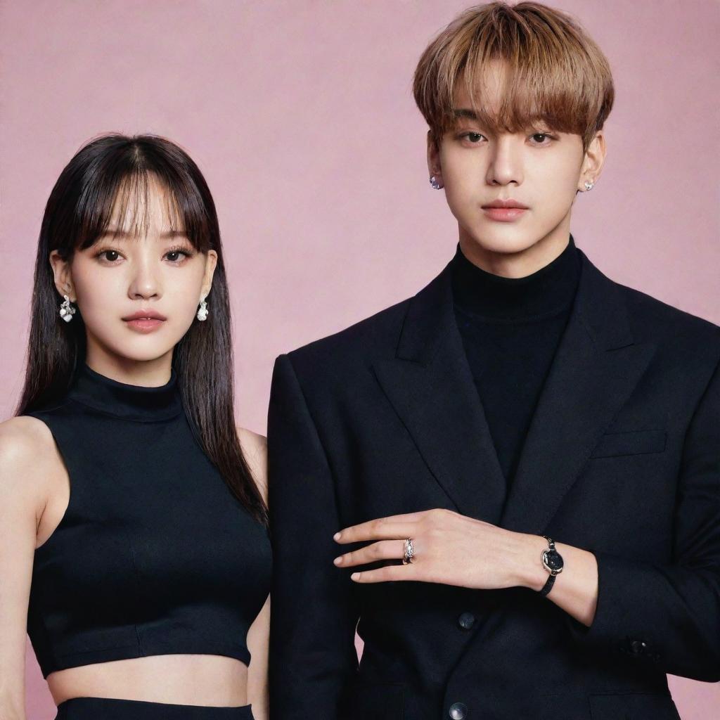 Lisa from Blackpink and Jungkook from BTS dressed in elegant black outfits