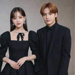 Lisa from Blackpink and Jungkook from BTS dressed in elegant black outfits