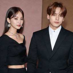 Lisa from Blackpink and Jungkook from BTS dressed in elegant black outfits