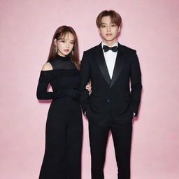 Lisa from Blackpink and Jungkook from BTS dressed in elegant black outfits