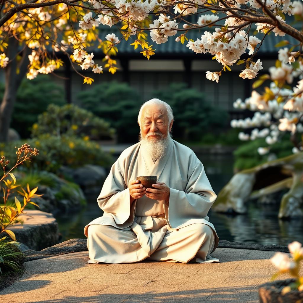 An elderly wise man sitting peacefully in a tranquil Japanese garden, embodying wisdom and inner peace