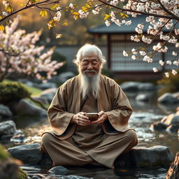 An elderly wise man sitting peacefully in a tranquil Japanese garden, embodying wisdom and inner peace