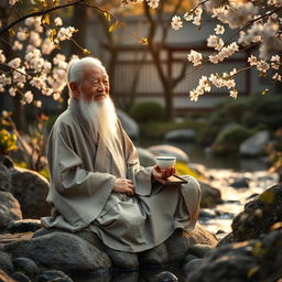 An elderly wise man sitting peacefully in a tranquil Japanese garden, embodying wisdom and inner peace