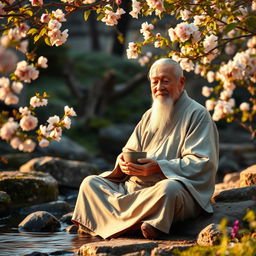 An elderly wise man sitting peacefully in a tranquil Japanese garden, embodying wisdom and inner peace