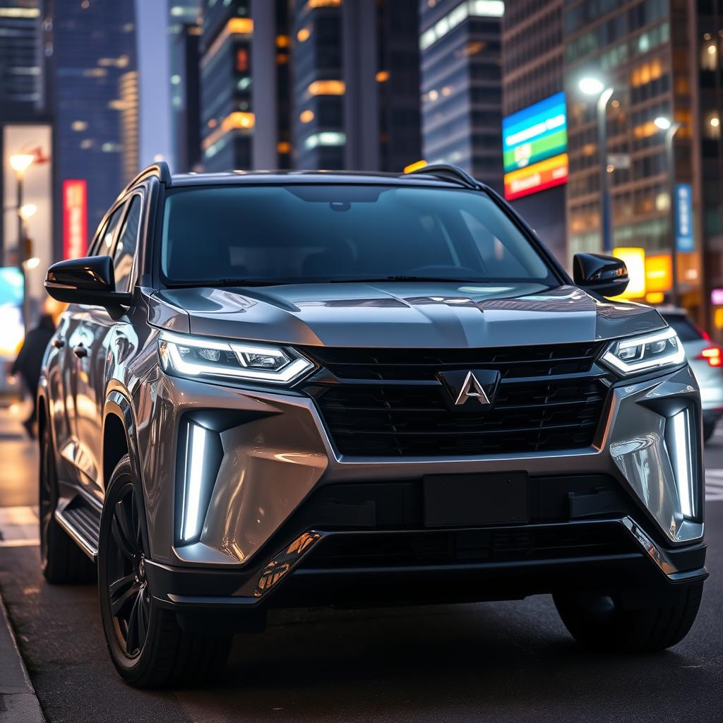 A powerful SUV with aggressive and unique headlights that resemble an angry expression