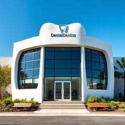 a striking image of a modern dental clinic building with a unique tooth-inspired architecture, featuring large windows and a sleek, white exterior