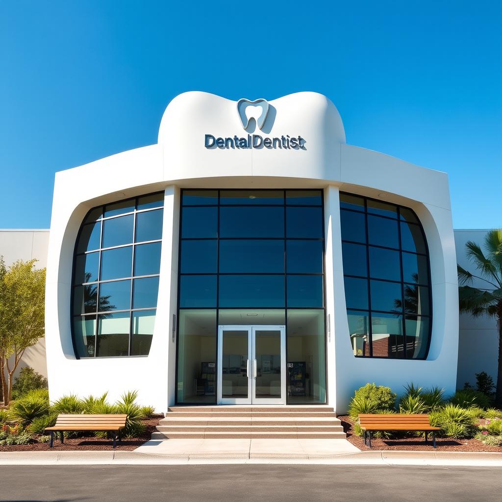 a striking image of a modern dental clinic building with a unique tooth-inspired architecture, featuring large windows and a sleek, white exterior