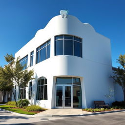 a striking image of a modern dental clinic building with a unique tooth-inspired architecture, featuring large windows and a sleek, white exterior