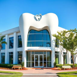 a striking image of a modern dental clinic building with a unique tooth-inspired architecture, featuring large windows and a sleek, white exterior