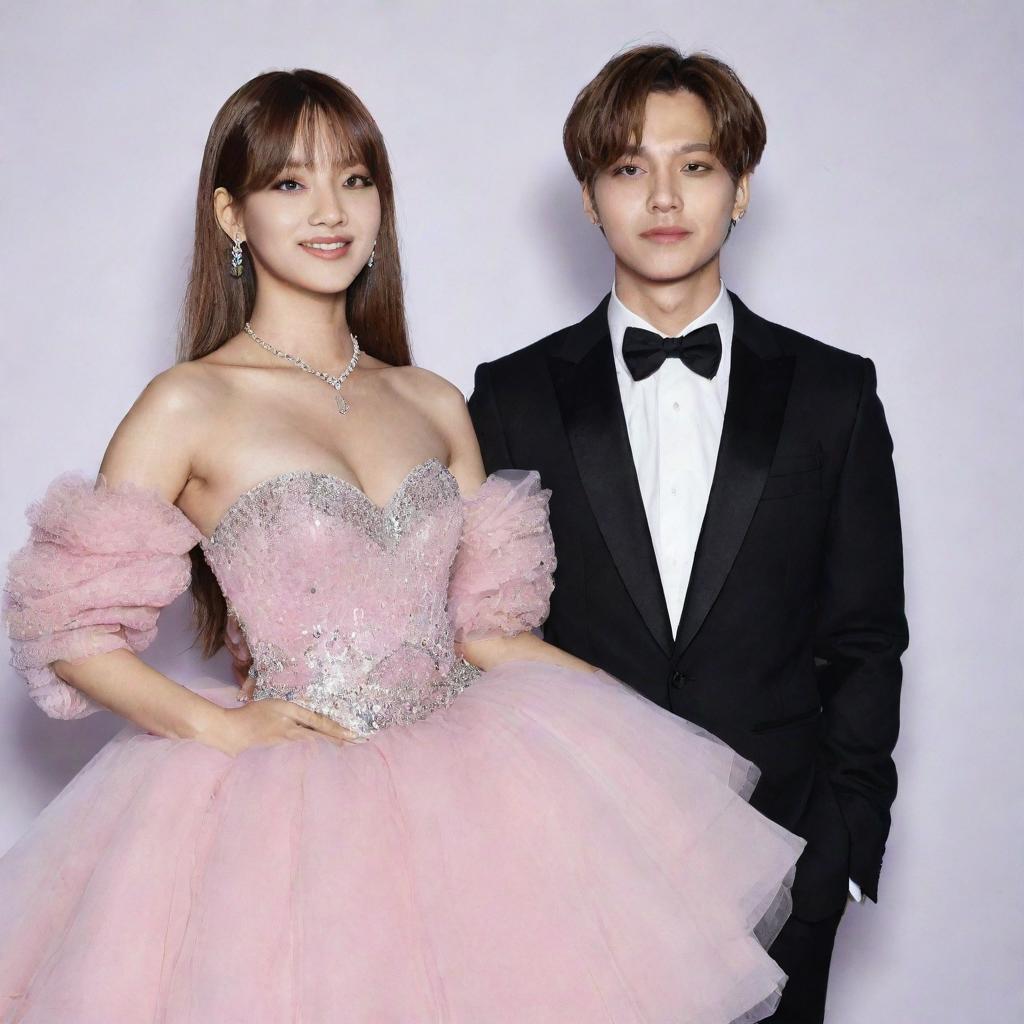 Lisa and Jungkook, from K-Pop bands BLACKPINK and BTS respectively, elegantly dressed in gala attire.