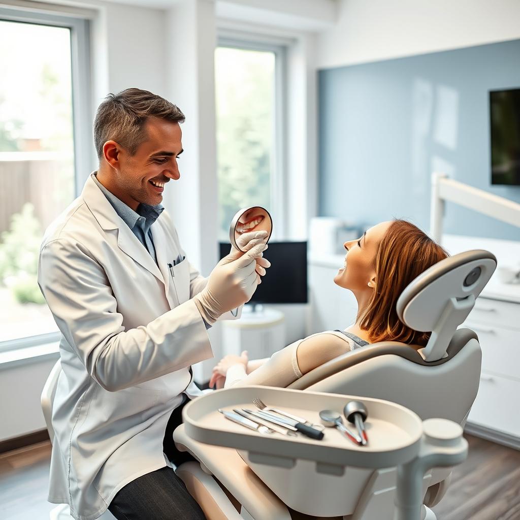 a professional dentist in a modern dental clinic examining a patient's teeth