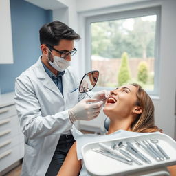 a professional dentist in a modern dental clinic examining a patient's teeth