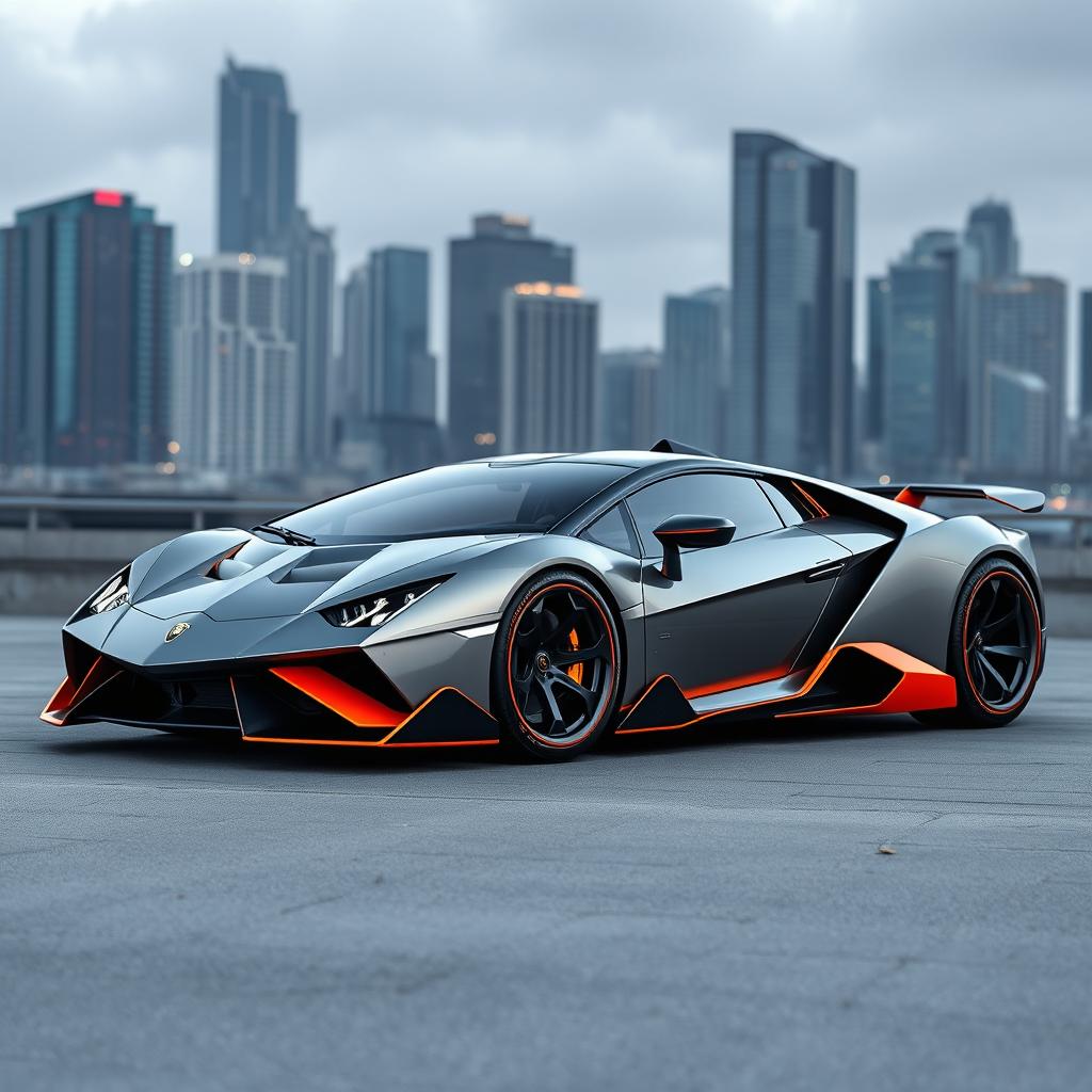 A sleek and futuristic sports car reminiscent of a Lamborghini but with a unique and distinct design