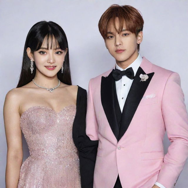 Lisa and Jungkook, from K-Pop bands BLACKPINK and BTS respectively, elegantly dressed in gala attire.