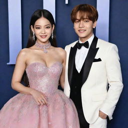 Lisa and Jungkook, from K-Pop bands BLACKPINK and BTS respectively, elegantly dressed in gala attire.