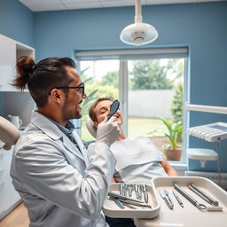 a professional dentist in a modern dental clinic examining a patient's teeth