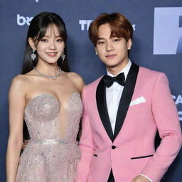 Lisa and Jungkook, from K-Pop bands BLACKPINK and BTS respectively, elegantly dressed in gala attire.