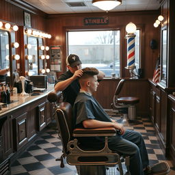 a classic barbershop interior featuring a young man with a fresh, stylish haircut sitting in a vintage barber chair