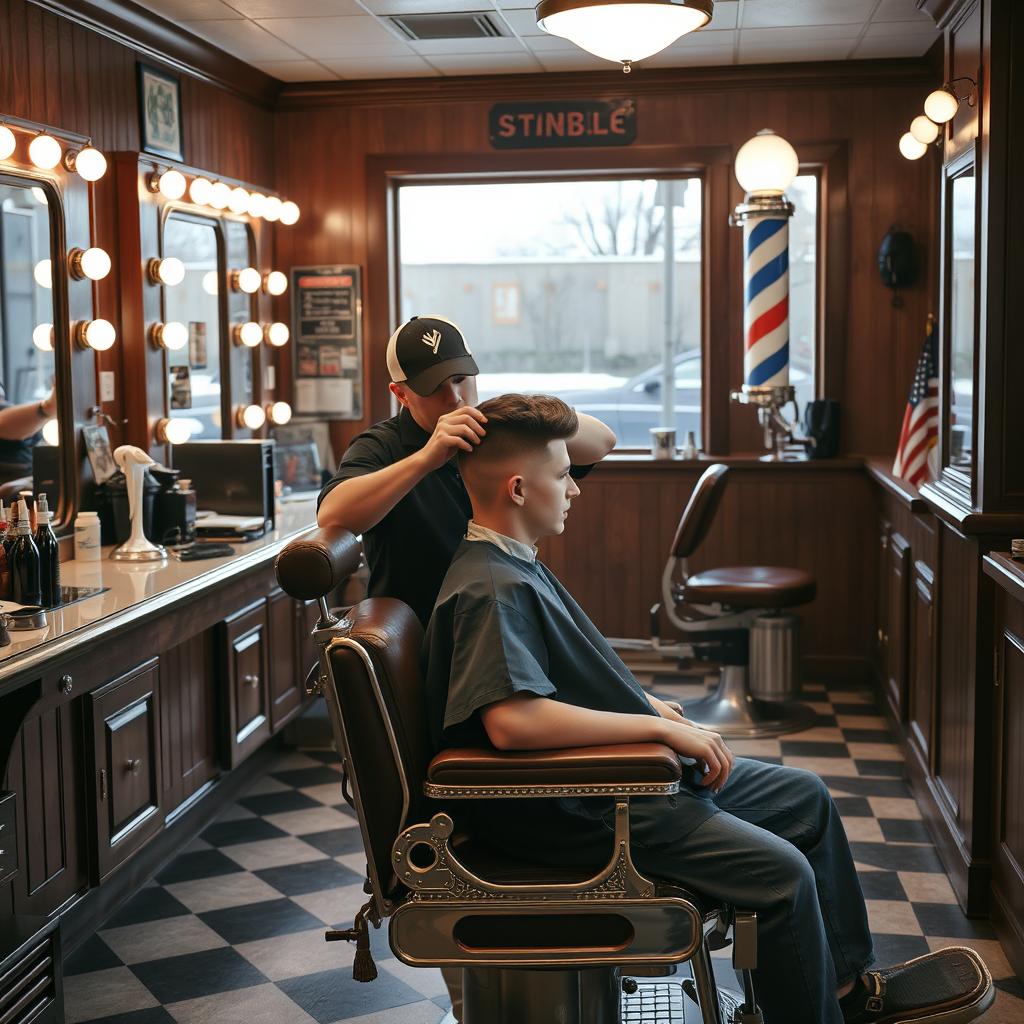 a classic barbershop interior featuring a young man with a fresh, stylish haircut sitting in a vintage barber chair