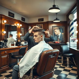 a classic barbershop interior featuring a young man with a fresh, stylish haircut sitting in a vintage barber chair