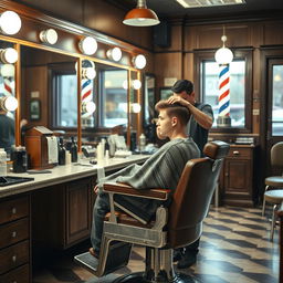a classic barbershop interior featuring a young man with a fresh, stylish haircut sitting in a vintage barber chair