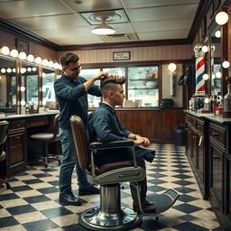 a classic barbershop interior featuring a young man with a fresh, stylish haircut sitting in a vintage barber chair