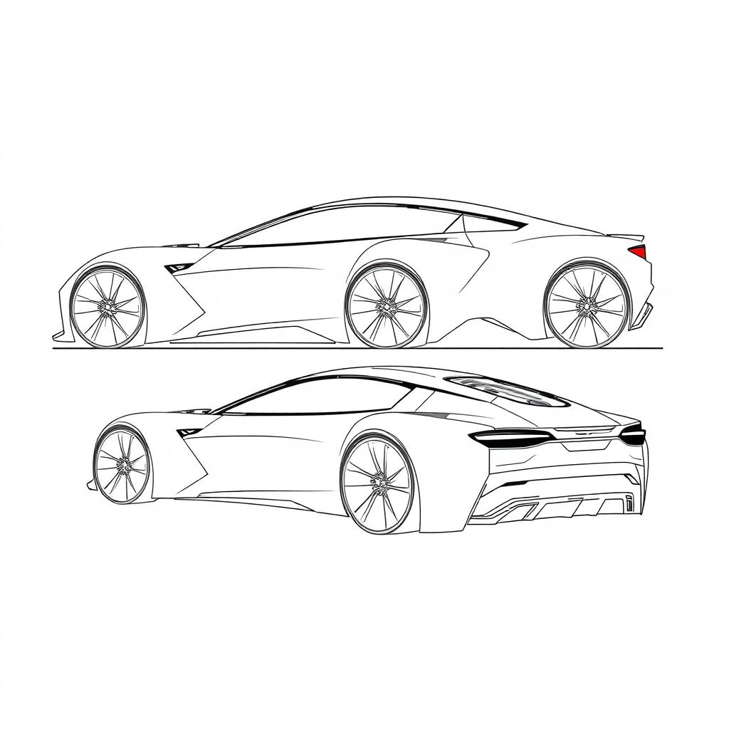 An outline sketch of a unique sporty coupe car, showcasing its innovative and dynamic design