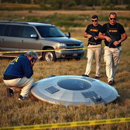 Two investigators in blue jackets with yellow letters on the back saying DFA, wearing cream pants with pockets, are examining a fallen UFO in a field