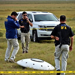 Two investigators in blue jackets with yellow letters on the back saying DFA, wearing cream pants with pockets, are examining a fallen UFO in a field