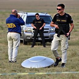 Two investigators in blue jackets with yellow letters on the back saying DFA, wearing cream pants with pockets, are examining a fallen UFO in a field