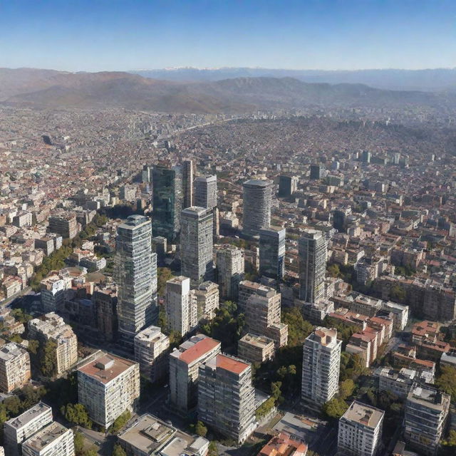 Ultra-realistic panoramic image showcasing the cityscape of Santiago de Chile, highlighting its emblematic buildings and features.