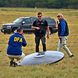 Two investigators in blue jackets with yellow letters on the back saying DFA, wearing cream pants with pockets, are examining a fallen UFO in a field