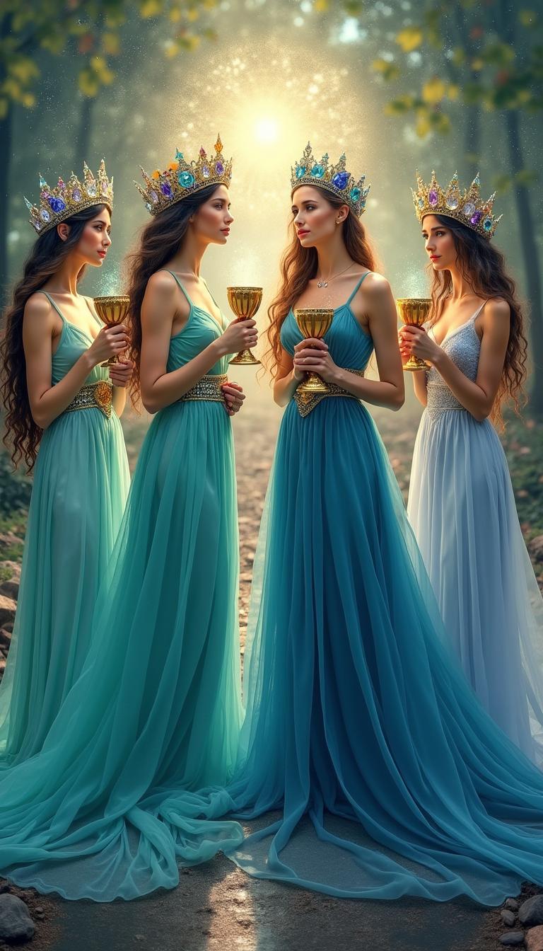 Four goddesses representing the Minor Arcana of the Cups in Tarot, each in a unique dress symbolizing the suit