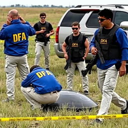 Two investigators in blue jackets with yellow letters on the back that say DFA, wearing cream pants with pockets, are analyzing a fallen UFO in a field