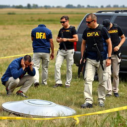 Two investigators in blue jackets with yellow letters on the back that say DFA, wearing cream pants with pockets, are analyzing a fallen UFO in a field